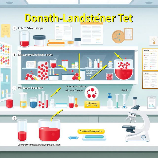 An educational and artistic illustration of the Donath-Landsteiner Test, depicting a detailed step-by-step procedure