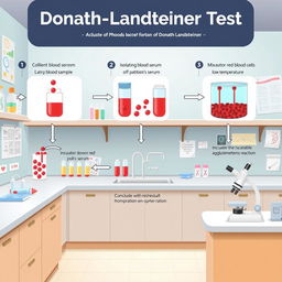 An educational and artistic illustration of the Donath-Landsteiner Test, depicting a detailed step-by-step procedure