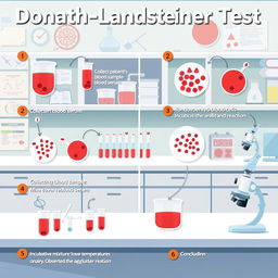 An educational and artistic illustration of the Donath-Landsteiner Test, depicting a detailed step-by-step procedure