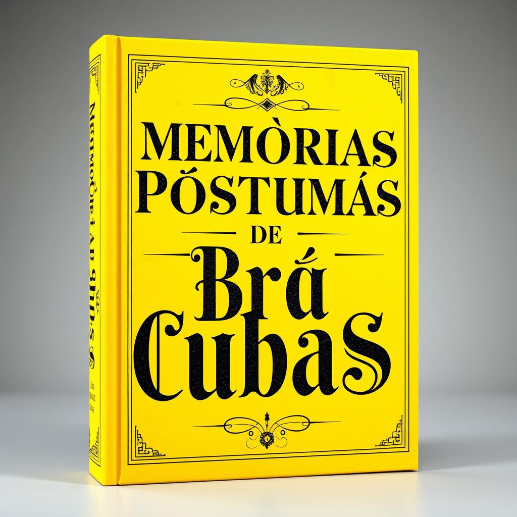 A powerful and bright yellow book cover featuring the title 'Memórias Póstumas de Brás Cubas' written in large, ornate old-style black letters