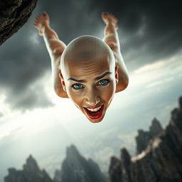 A beautiful bald woman with striking blue eyes and vibrant red lips, falling off a cliff toward jagged rocks below