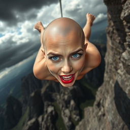 A beautiful bald woman with striking blue eyes and vibrant red lips, falling off a cliff toward jagged rocks below