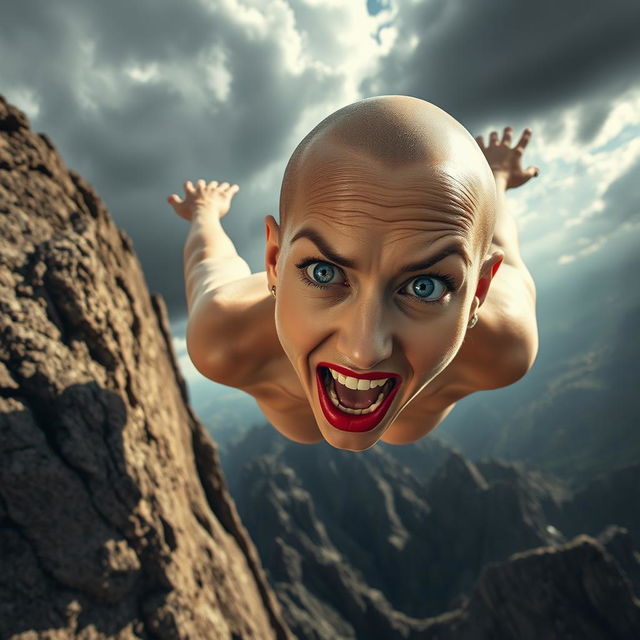 A beautiful bald woman with striking blue eyes and vibrant red lips, falling off a cliff toward jagged rocks below