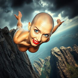 A beautiful bald woman with striking blue eyes and vibrant red lips, falling off a cliff toward jagged rocks below