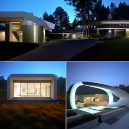 A modern house exterior and interior showcasing advanced futuristic design elements such as smart technology, minimalistic aesthetics, and sustainable energy features.