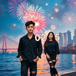 A realistic portrait of a young Asian man with short black hair, wearing a black shirt and ripped black jeans, complemented by white shoes