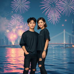 A realistic portrait of a young Asian man with short black hair, wearing a black shirt and ripped black jeans, complemented by white shoes