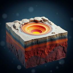 An artistic representation of a simulated lithosphere, showcasing a complex geological structure with the following composition: 45% iron (Fe), 15% aluminum (Al), 25% silicon (Si), and 15% carbon (C)