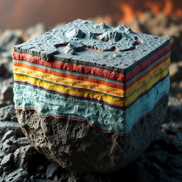 An artistic representation of a simulated lithosphere, showcasing a complex geological structure with the following composition: 45% iron (Fe), 15% aluminum (Al), 25% silicon (Si), and 15% carbon (C)