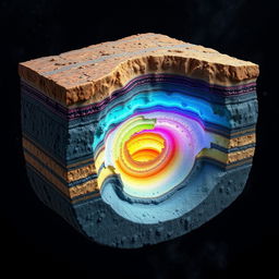 An artistic representation of a simulated lithosphere, showcasing a complex geological structure with the following composition: 45% iron (Fe), 15% aluminum (Al), 25% silicon (Si), and 15% carbon (C)