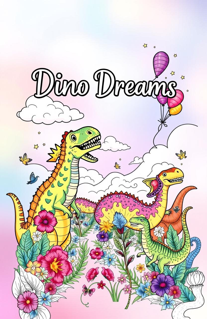 A whimsical and imaginative cover design for an adult coloring book titled 'Dino Dreams'