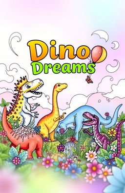 A whimsical and imaginative cover design for an adult coloring book titled 'Dino Dreams'