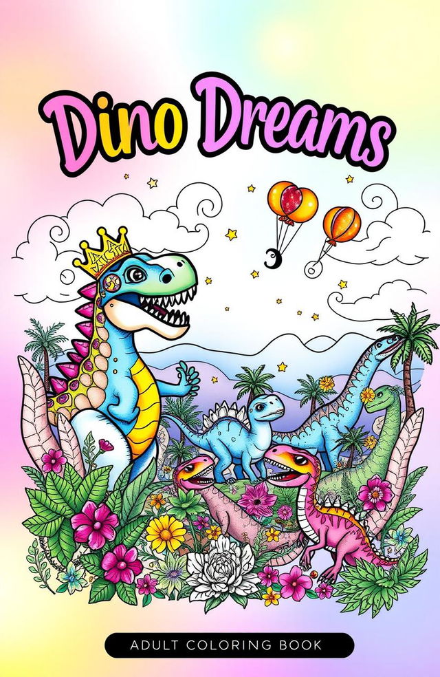 A whimsical and imaginative cover design for an adult coloring book titled 'Dino Dreams'