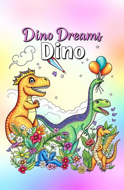 A whimsical and imaginative cover design for an adult coloring book titled 'Dino Dreams'