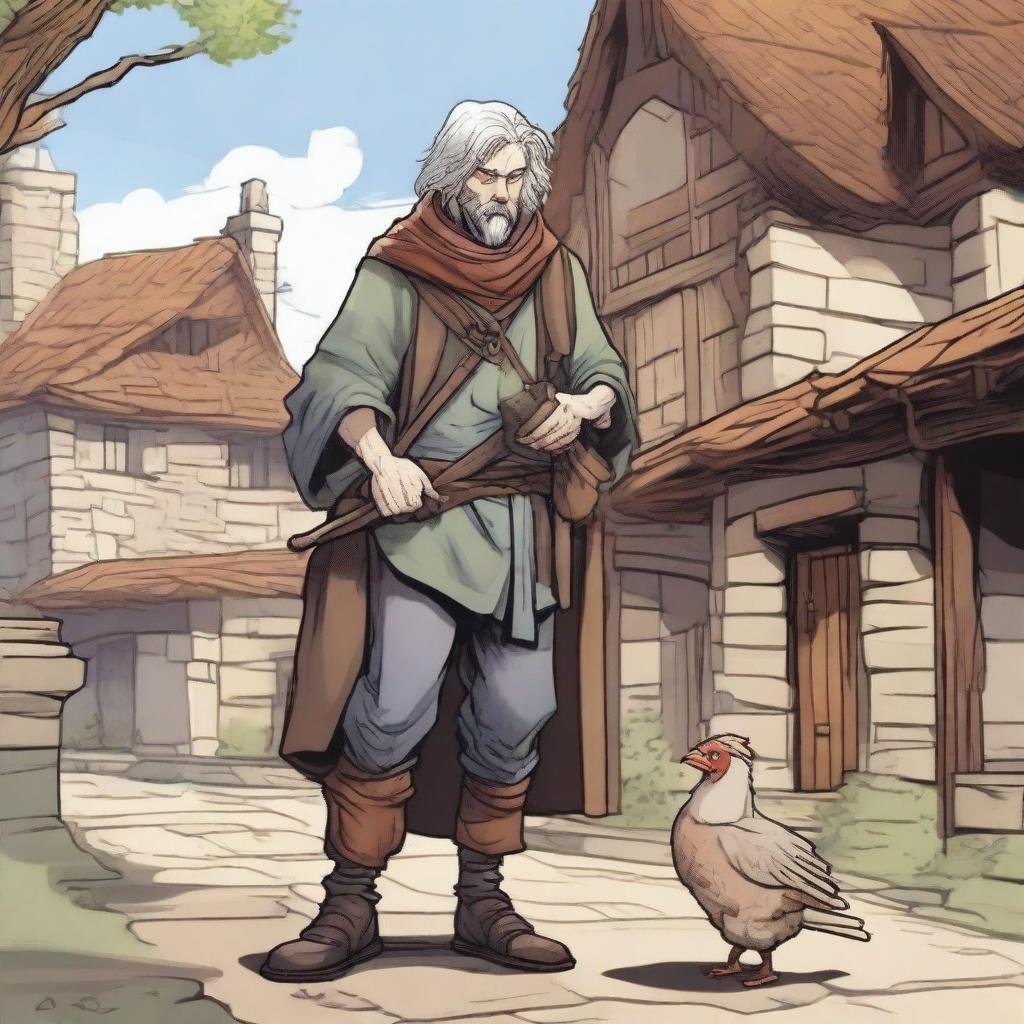 A detailed, high-quality comic-style illustration features a homeless vagrant as a fantasy DnD fighter in a medieval village