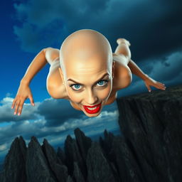A beautiful bald woman with striking blue eyes and vibrant red lips, captured in mid-fall off a cliff towards sharp jagged rocks below