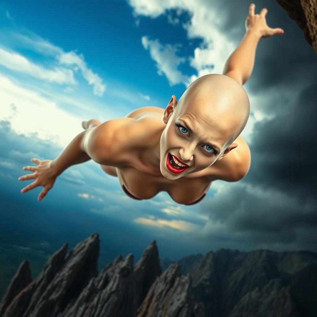 A beautiful bald woman with striking blue eyes and vibrant red lips, captured in mid-fall off a cliff towards sharp jagged rocks below