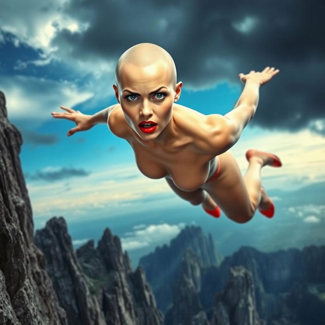 A beautiful bald woman with striking blue eyes and vibrant red lips, captured in mid-fall off a cliff towards sharp jagged rocks below