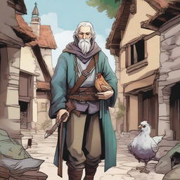 A detailed, high-quality comic-style illustration features a homeless vagrant as a fantasy DnD fighter in a medieval village