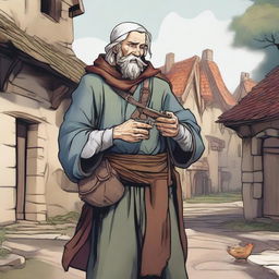 A detailed, high-quality comic-style illustration features a homeless vagrant as a fantasy DnD fighter in a medieval village