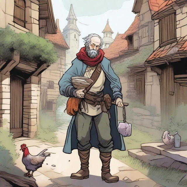 A detailed, high-quality comic-style illustration features a homeless vagrant as a fantasy DnD fighter in a medieval village