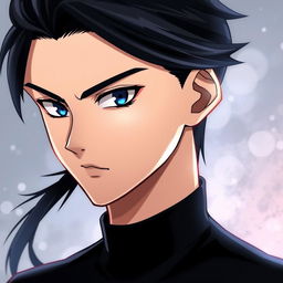 A person in their late teens, featuring vacant blue eyes and sleek black hair
