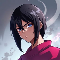 A person in their late teens, featuring vacant blue eyes and sleek black hair