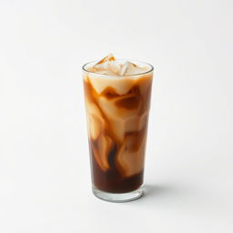 On a pristine white backdrop, a chilled iced coffee rests in a transparent glass, showcasing rich, dark coffee swirling elegantly beneath a velvety layer of cream