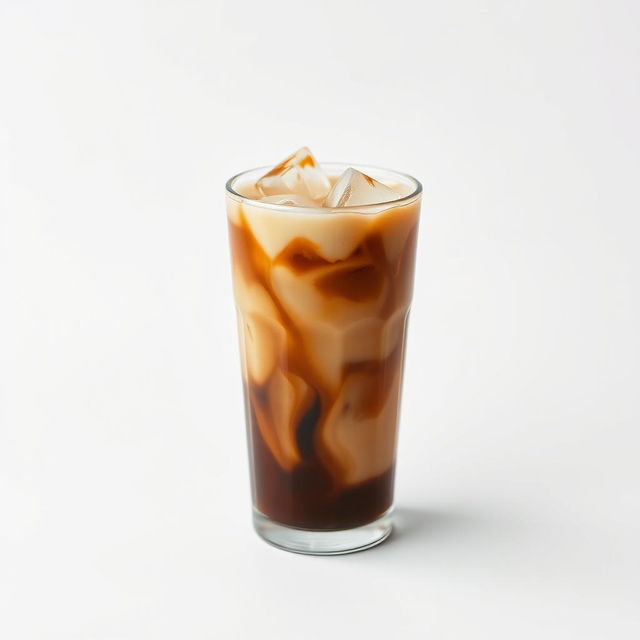On a pristine white backdrop, a chilled iced coffee rests in a transparent glass, showcasing rich, dark coffee swirling elegantly beneath a velvety layer of cream