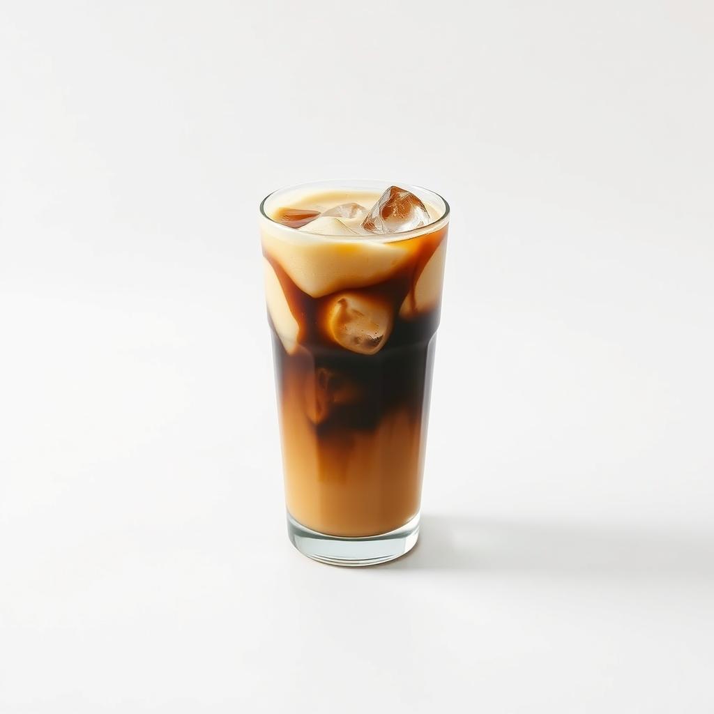 On a pristine white backdrop, a chilled iced coffee rests in a transparent glass, showcasing rich, dark coffee swirling elegantly beneath a velvety layer of cream