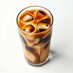 On a pristine white backdrop, a chilled iced coffee rests in a transparent glass, showcasing rich, dark coffee swirling elegantly beneath a velvety layer of cream