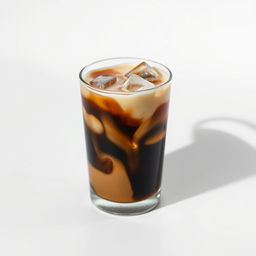 On a pristine white backdrop, a chilled iced coffee rests in a transparent glass, showcasing rich, dark coffee swirling elegantly beneath a velvety layer of cream