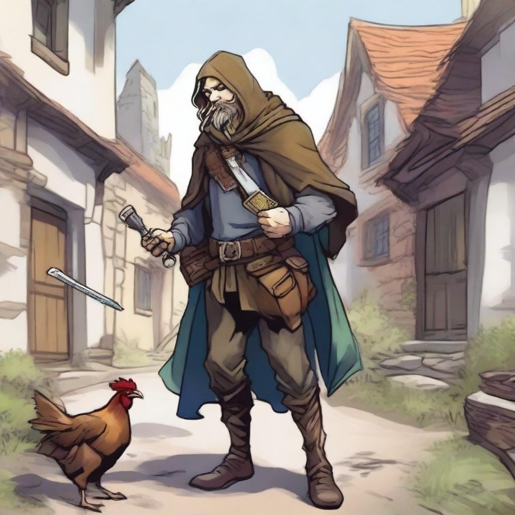 A high-quality comic-style illustration vividly portrays a homeless vagrant as a fantasy DnD fighter in a medieval village