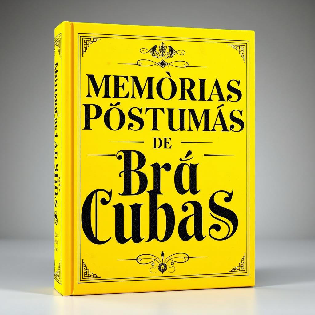 A powerful and bright yellow book cover featuring the title 'Memorias Postumas de Bra Cubas' written in large, ornate old-style black letters