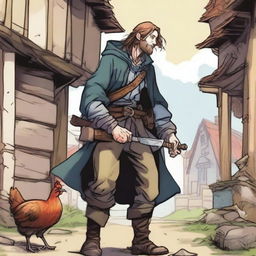 A high-quality comic-style illustration vividly portrays a homeless vagrant as a fantasy DnD fighter in a medieval village