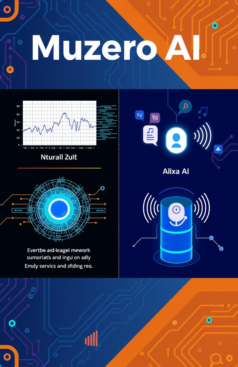 An informative and engaging image illustrating the concepts of Muzero AI and Alexa AI