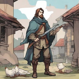 A high-quality comic-style illustration vividly portrays a homeless vagrant as a fantasy DnD fighter in a medieval village