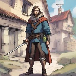 A high-quality comic-style illustration vividly portrays a homeless vagrant as a fantasy DnD fighter in a medieval village