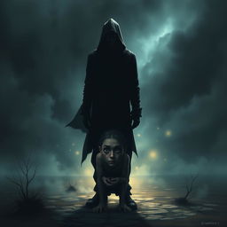 A dark and mysterious scene depicting a shadowy figure standing watchfully over a vulnerable person in a desolate landscape
