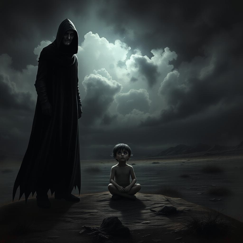 A dark and mysterious scene depicting a shadowy figure standing watchfully over a vulnerable person in a desolate landscape