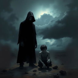 A dark and mysterious scene depicting a shadowy figure standing watchfully over a vulnerable person in a desolate landscape