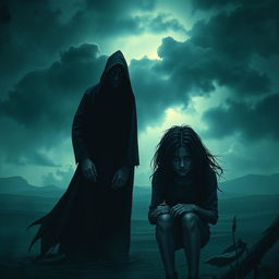 A dark and mysterious scene depicting a shadowy figure standing watchfully over a vulnerable person in a desolate landscape