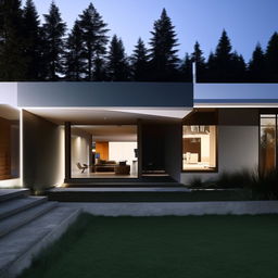 A modern house exterior and interior showcasing advanced futuristic design elements such as smart technology, minimalistic aesthetics, and sustainable energy features.