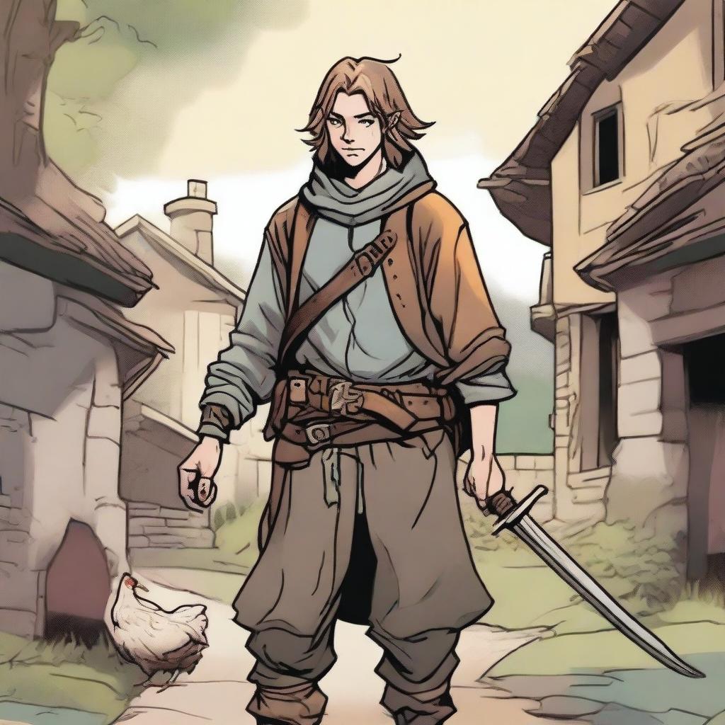 A high-quality comic-style illustration features a fantasy DnD fighter, depicted as a homeless vagrant in a medieval village