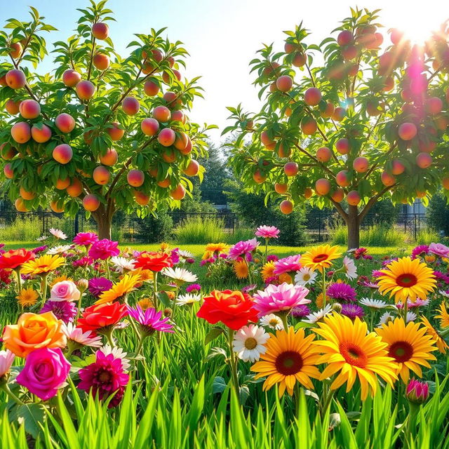 A vibrant garden filled with colorful flowers in various blooming stages, lush green grass covering the ground