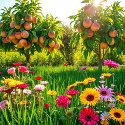 A vibrant garden filled with colorful flowers in various blooming stages, lush green grass covering the ground