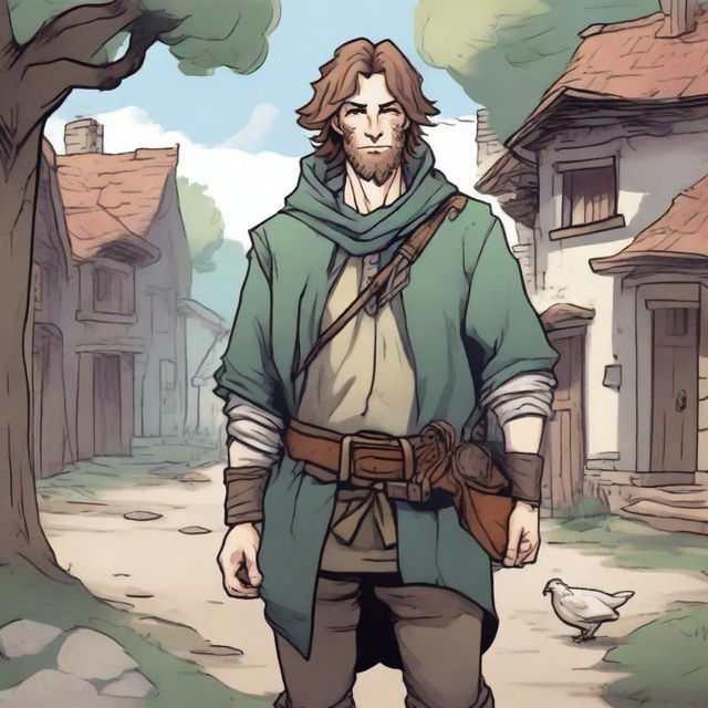 A high-quality comic-style illustration features a fantasy DnD fighter, depicted as a homeless vagrant in a medieval village