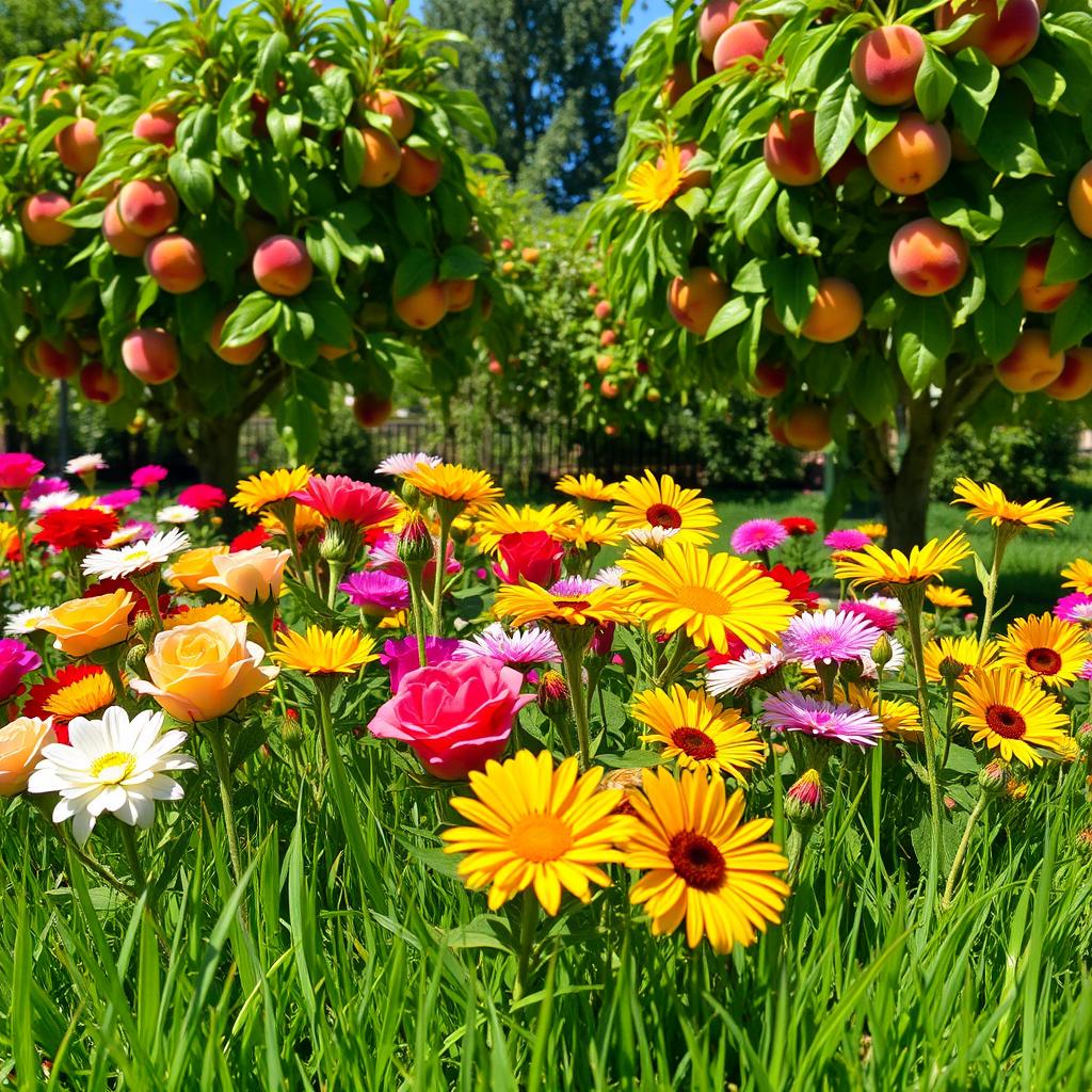 A vibrant garden filled with colorful flowers in various blooming stages, lush green grass covering the ground