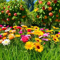 A vibrant garden filled with colorful flowers in various blooming stages, lush green grass covering the ground