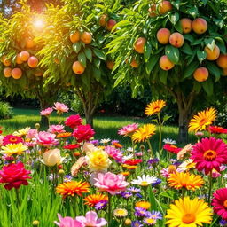 A vibrant garden filled with colorful flowers in various blooming stages, lush green grass covering the ground